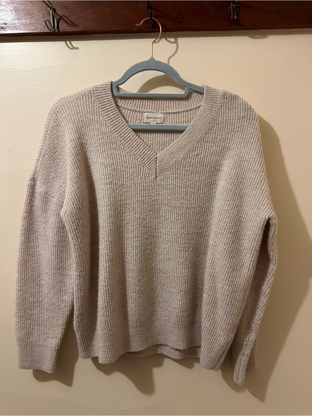 Thread & Supply Women's V-Neck Ribbed Sweater in Light Cream